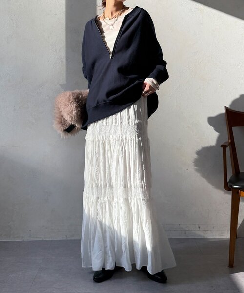 DouDou（ドゥドゥ）の「レース切替ワッシャースカート（スカート・レディース・オフホワイト/ブラック/カーキ・FREE）」の5枚目の写真