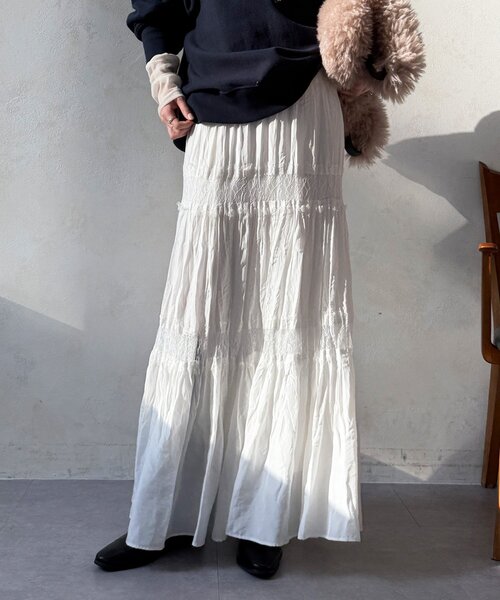 DouDou（ドゥドゥ）の「レース切替ワッシャースカート（スカート・レディース・オフホワイト/ブラック/カーキ・FREE）」の9枚目の写真