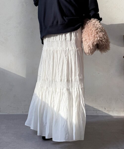 DouDou（ドゥドゥ）の「レース切替ワッシャースカート（スカート・レディース・オフホワイト/ブラック/カーキ・FREE）」の10枚目の写真