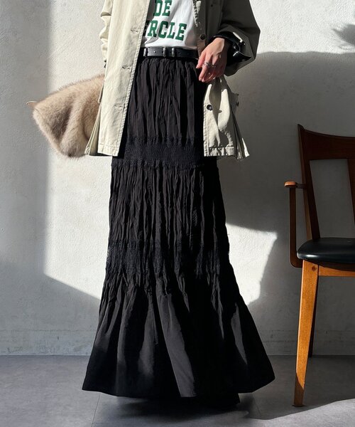 DouDou（ドゥドゥ）の「レース切替ワッシャースカート（スカート・レディース・オフホワイト/ブラック/カーキ・FREE）」の20枚目の写真