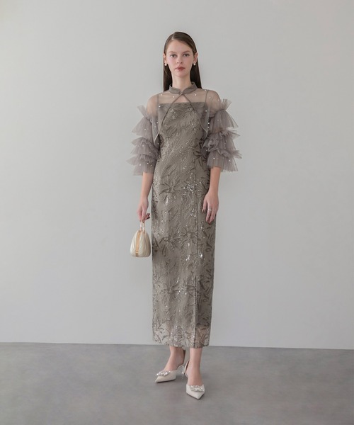 セール】【LEJA】チュールフリルスリーブIラインワンピースドレス2点