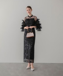 【LEJA】チュールフリルスリーブIラインワンピースドレス2点セット 美脚効果結婚式 パーティードレス 成人式 二次会 同窓会 お呼ばれ オケージョン 20代 30代