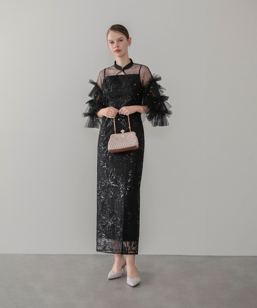 セール】【LEJA】チュールフリルスリーブIラインワンピースドレス2点