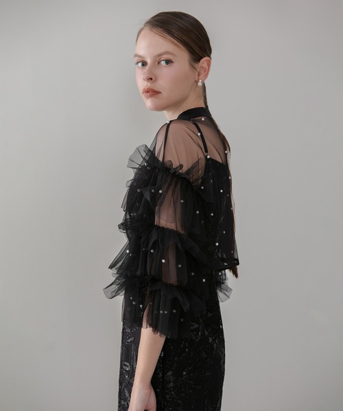 Leja（レジャ）の「【LEJA】チュールフリルスリーブIラインワンピースドレス2点セット 美脚効果結婚式 パーティードレス 成人式 二次会 同窓会 お呼ばれ オケージョン 20代 30代（ドレス・レディース・ブラック/グレー・SMALL/MEDIUM）」の12枚目の写真