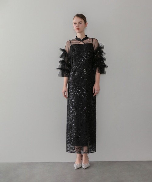 Leja（レジャ）の「【LEJA】チュールフリルスリーブIラインワンピースドレス2点セット 美脚効果結婚式 パーティードレス 成人式 二次会 同窓会 お呼ばれ オケージョン 20代 30代（ドレス・レディース・ブラック/グレー・SMALL/MEDIUM）」の11枚目の写真