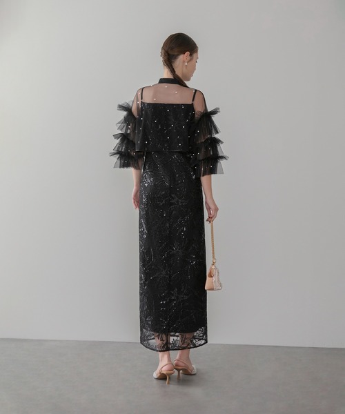 Leja（レジャ）の「【LEJA】チュールフリルスリーブIラインワンピースドレス2点セット 美脚効果結婚式 パーティードレス 成人式 二次会 同窓会 お呼ばれ オケージョン 20代 30代（ドレス・レディース・ブラック/グレー・SMALL/MEDIUM）」の10枚目の写真
