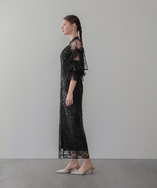 Leja（レジャ）の「【LEJA】チュールフリルスリーブIラインワンピースドレス2点セット 美脚効果結婚式 パーティードレス 成人式 二次会 同窓会 お呼ばれ オケージョン 20代 30代（ドレス・レディース・ブラック/グレー・SMALL/MEDIUM）」の9枚目の写真