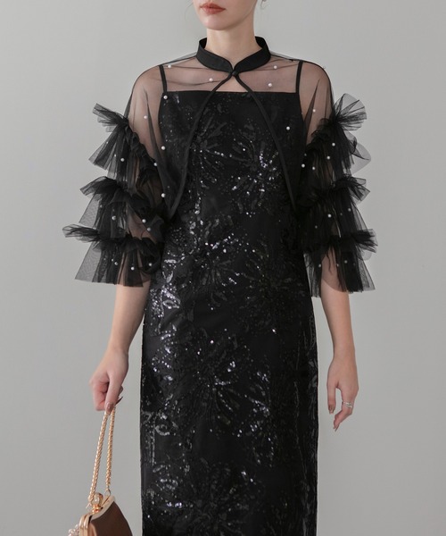 Leja（レジャ）の「【LEJA】チュールフリルスリーブIラインワンピースドレス2点セット 美脚効果結婚式 パーティードレス 成人式 二次会 同窓会 お呼ばれ オケージョン 20代 30代（ドレス・レディース・ブラック/グレー・SMALL/MEDIUM）」の13枚目の写真