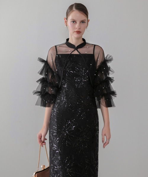 Leja（レジャ）の「【LEJA】チュールフリルスリーブIラインワンピースドレス2点セット 美脚効果結婚式 パーティードレス 成人式 二次会 同窓会 お呼ばれ オケージョン 20代 30代（ドレス・レディース・ブラック/グレー・SMALL/MEDIUM）」の16枚目の写真