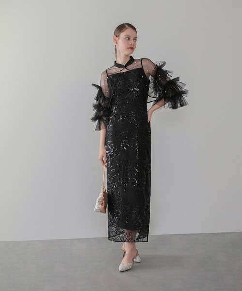 Leja（レジャ）の「【LEJA】チュールフリルスリーブIラインワンピースドレス2点セット 美脚効果結婚式 パーティードレス 成人式 二次会 同窓会 お呼ばれ オケージョン 20代 30代（ドレス・レディース・ブラック/グレー・SMALL/MEDIUM）」の15枚目の写真
