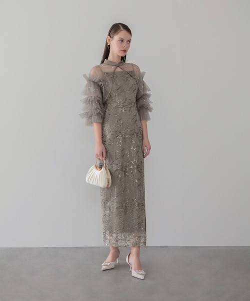 Leja（レジャ）の「【LEJA】チュールフリルスリーブIラインワンピースドレス2点セット 美脚効果結婚式 パーティードレス 成人式 二次会 同窓会 お呼ばれ オケージョン 20代 30代（ドレス・レディース・ブラック/グレー・SMALL/MEDIUM）」の8枚目の写真