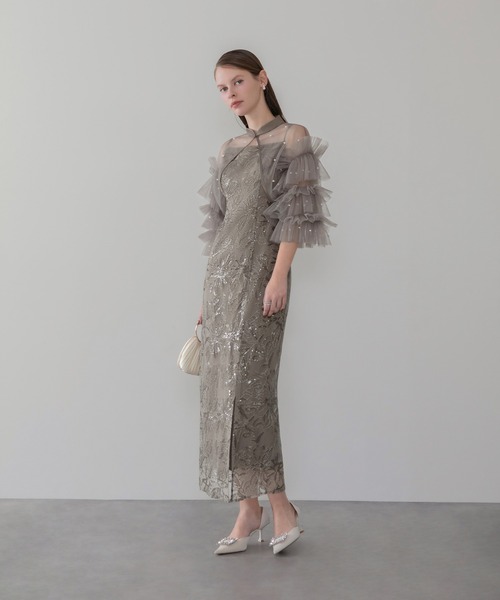 Leja（レジャ）の「【LEJA】チュールフリルスリーブIラインワンピースドレス2点セット 美脚効果結婚式 パーティードレス 成人式 二次会 同窓会 お呼ばれ オケージョン 20代 30代（ドレス・レディース・ブラック/グレー・SMALL/MEDIUM）」の4枚目の写真