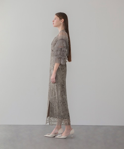 Leja（レジャ）の「【LEJA】チュールフリルスリーブIラインワンピースドレス2点セット 美脚効果結婚式 パーティードレス 成人式 二次会 同窓会 お呼ばれ オケージョン 20代 30代（ドレス・レディース・ブラック/グレー・SMALL/MEDIUM）」の3枚目の写真