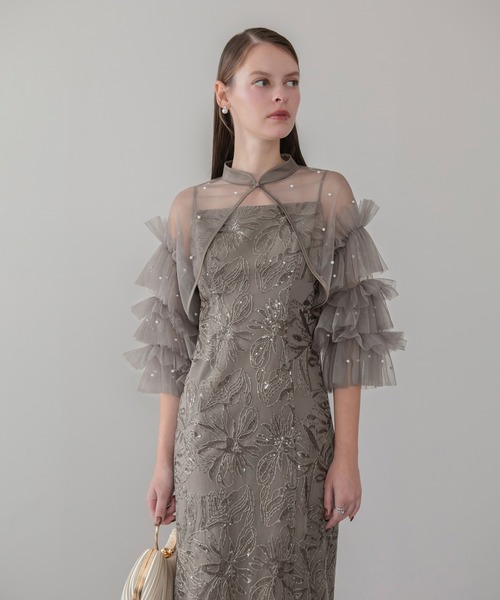 Leja（レジャ）の「【LEJA】チュールフリルスリーブIラインワンピースドレス2点セット 美脚効果結婚式 パーティードレス 成人式 二次会 同窓会 お呼ばれ オケージョン 20代 30代（ドレス・レディース・ブラック/グレー・SMALL/MEDIUM）」の7枚目の写真