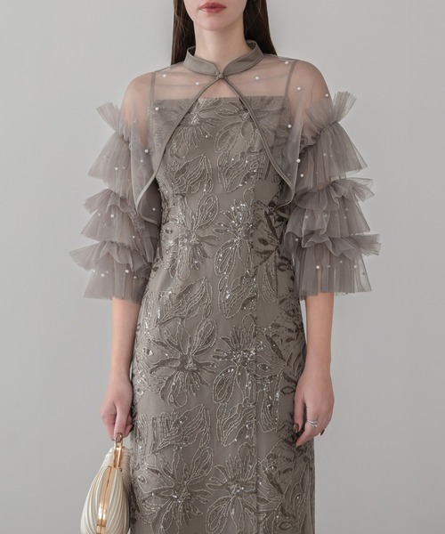 Leja（レジャ）の「【LEJA】チュールフリルスリーブIラインワンピースドレス2点セット 美脚効果結婚式 パーティードレス 成人式 二次会 同窓会 お呼ばれ オケージョン 20代 30代（ドレス・レディース・ブラック/グレー・SMALL/MEDIUM）」の5枚目の写真