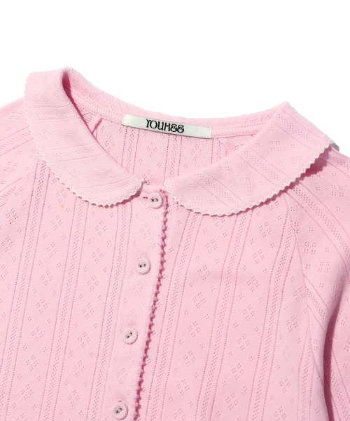 YOUHEE(ユヒ)の「EYELET COLLAR CARDIGAN PINK(カーディガン/ボレロ・レディース・その他・FREE)」の4枚目の写真