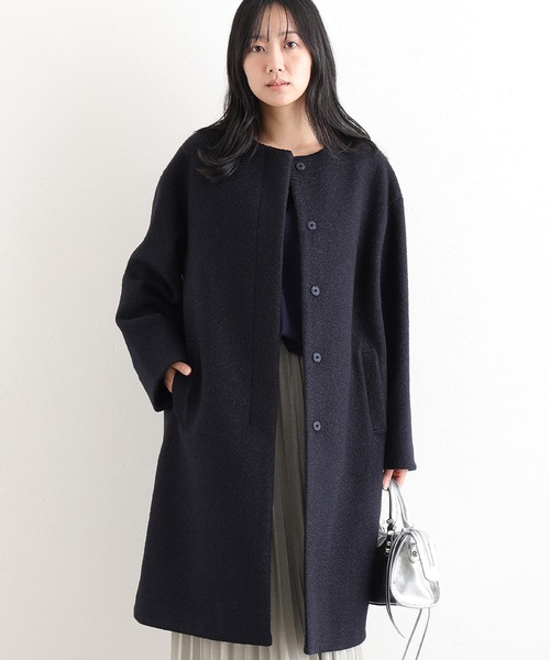 ElegChic(エレグシック)の「フェイクウールラムライクコート(ノーカラーコート・レディース・モカ/アイボリー/ネイビー・M/L)」の1枚目の写真