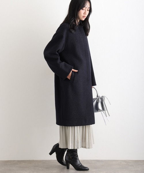 ElegChic(エレグシック)の「フェイクウールラムライクコート(ノーカラーコート・レディース・モカ/アイボリー/ネイビー・M/L)」の11枚目の写真