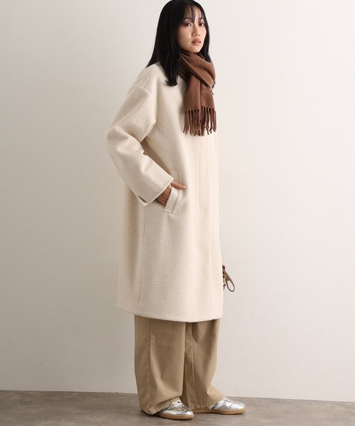 ElegChic(エレグシック)の「フェイクウールラムライクコート(ノーカラーコート・レディース・モカ/アイボリー/ネイビー・M/L)」の7枚目の写真