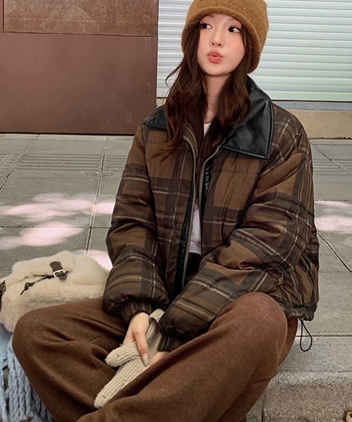 -80's vintage チェック柄 ZIPブルゾン 短丈ブラウン フランネル BIG MIKE ブルゾン アウター ビックマイク/ 25秋冬新作 無地 チェック