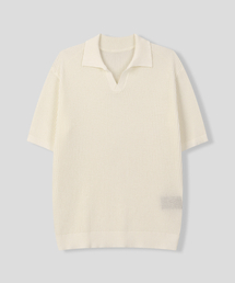 ミニマルワッフルカラー ニット半袖Tシャツ[アイボリー]