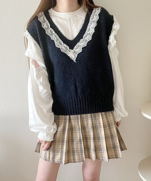 Nana(ナナ)の「レースデザインニットベスト(Tシャツ/カットソー・レディース・グレー/ネイビー・FREE)」の5枚目の写真