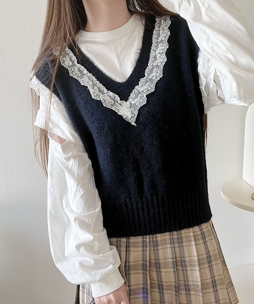 Nana(ナナ)の「レースデザインニットベスト(Tシャツ/カットソー・レディース・グレー/ネイビー・FREE)」の6枚目の写真