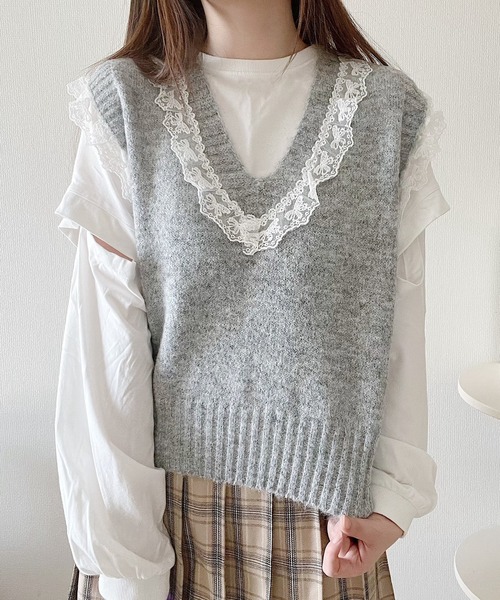Nana(ナナ)の「レースデザインニットベスト(Tシャツ/カットソー・レディース・グレー/ネイビー・FREE)」の8枚目の写真