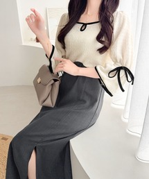 mily bilet（ミウィビレット）の「【mily bilet】さりげないスリットにきゅん♪袖リボン付き配色パイピング異素材ドッキングワンピース（ワンピース）」