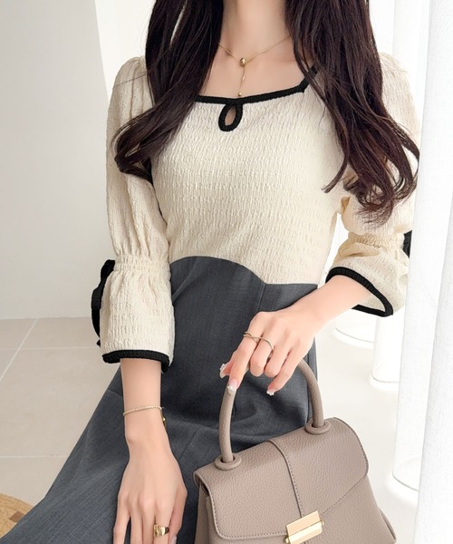 mily bilet（ミウィビレット）の「【mily bilet】さりげないスリットにきゅん♪袖リボン付き配色パイピング異素材ドッキングワンピース（ワンピース・レディース・ブラック×ベージュ/モカ/アイボリー・LARGE/MEDIUM/SMALL/X-LARGE）」の17枚目の写真