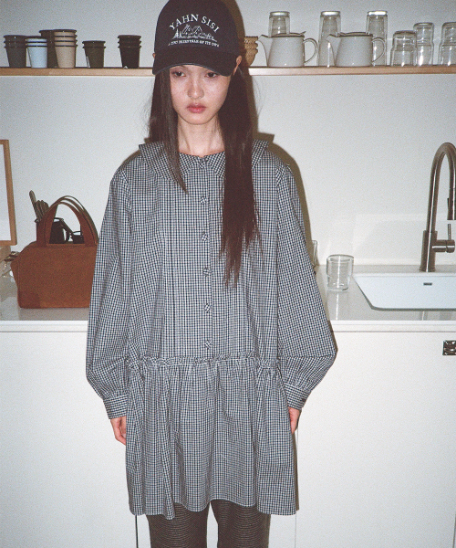 チェックラウンドカラー ドレス - ネイビー