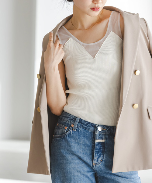 Noble（ノーブル）の「シアーコンビカップ付きニットタンク（タンクトップ・レディース・ブラック/ホワイト・FREE）」の2枚目の写真