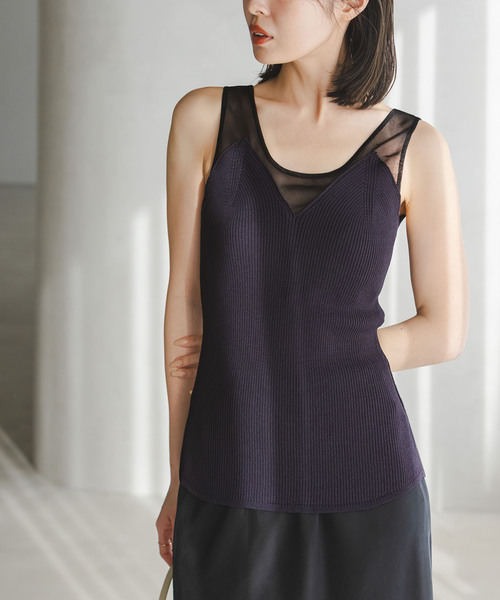 Noble（ノーブル）の「シアーコンビカップ付きニットタンク（タンクトップ・レディース・ブラック/ホワイト・FREE）」の3枚目の写真