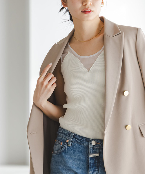 Noble（ノーブル）の「シアーコンビカップ付きニットタンク（タンクトップ・レディース・ブラック/ホワイト・FREE）」の6枚目の写真