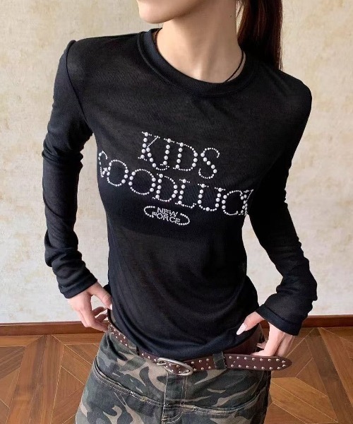 Achic(アシック)の「ラインストーンロゴ シアーリブロンT(Tシャツ/カットソー・レディース・グレー/ブラック・M)」の7枚目の写真