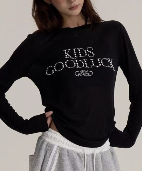 Achic(アシック)の「ラインストーンロゴ シアーリブロンT(Tシャツ/カットソー・レディース・グレー/ブラック・M)」の11枚目の写真