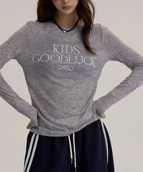 Achic(アシック)の「ラインストーンロゴ シアーリブロンT(Tシャツ/カットソー・レディース・グレー/ブラック・M)」の12枚目の写真