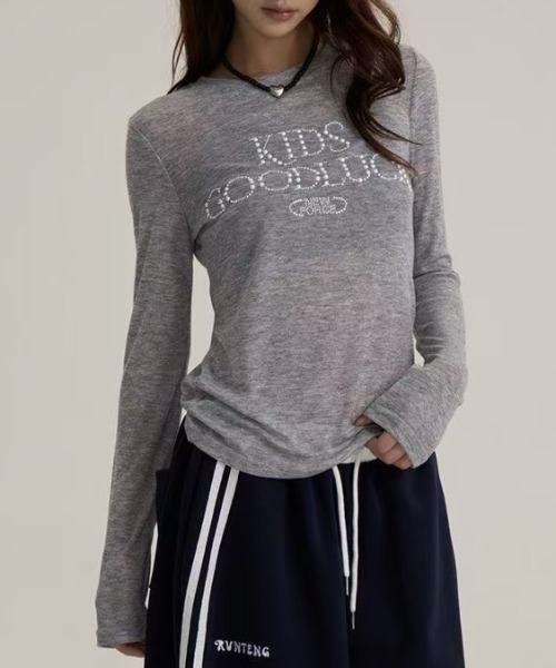 Achic(アシック)の「ラインストーンロゴ シアーリブロンT(Tシャツ/カットソー・レディース・グレー/ブラック・M)」の14枚目の写真