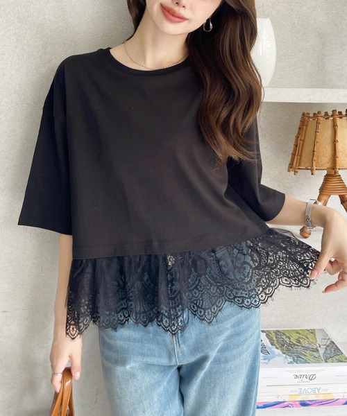 Ada.(エイダ)の「裾 レース ドッキング トップス(Tシャツ/カットソー・レディース・オフホワイト/ブラック・FREE)」の2枚目の写真