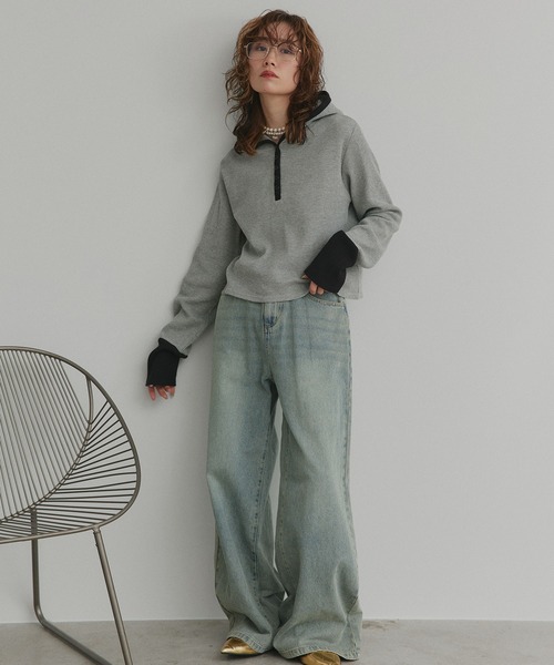 ad thie（アドティエ）の「バイカラー ワッフル パーカー（パーカー・レディース・ライトグレー系1/オフホワイト/ブラック/ライトグレー系2/チャコールグレー・FREE）」の14枚目の写真