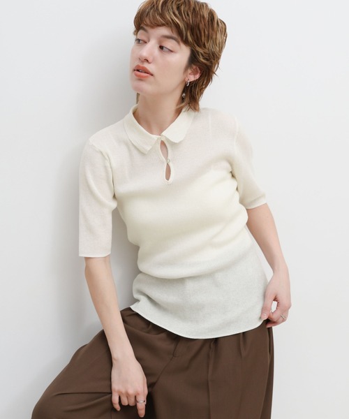 select MOCA(セレクトモカ)の「ドロップデザインシアーリブポロニット(ニット/セーター・レディース・アイボリー/グレー/ブラック・FREE)」の3枚目の写真