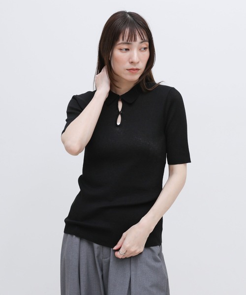 select MOCA(セレクトモカ)の「ドロップデザインシアーリブポロニット(ニット/セーター・レディース・アイボリー/グレー/ブラック・FREE)」の1枚目の写真