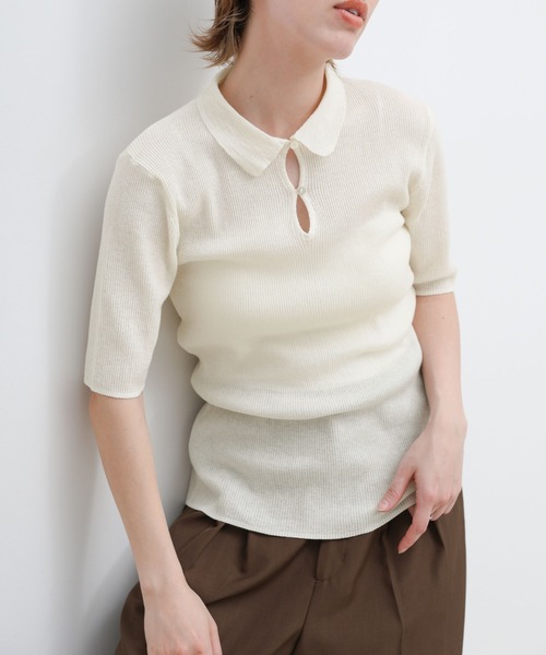 select MOCA(セレクトモカ)の「ドロップデザインシアーリブポロニット(ニット/セーター・レディース・アイボリー/グレー/ブラック・FREE)」の7枚目の写真