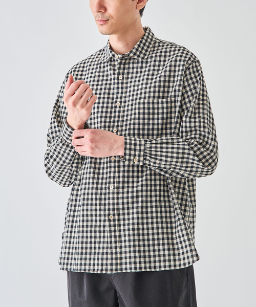 EDIFICE(エディフィス)の「コットンリネン ラウンド カラー シャツ(シャツ/ブラウス・メンズ・ブラック系その他/ブラック/ブラックミックス・2/3)」の1枚目の写真