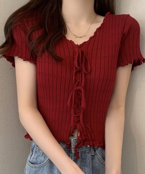 Teem Store(チームストア)の「フロントリボンメロウリブリボンVネックニットソー 半袖(Tシャツ/カットソー・レディース・ワイン/ホワイト/ピンク/ブラック・F)」の1枚目の写真