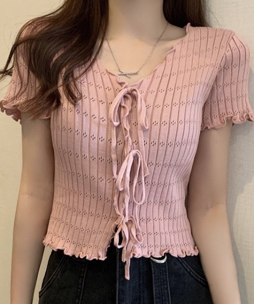 Teem Store(チームストア)の「フロントリボンメロウリブリボンVネックニットソー 半袖(Tシャツ/カットソー・レディース・ワイン/ホワイト/ピンク/ブラック・F)」の21枚目の写真