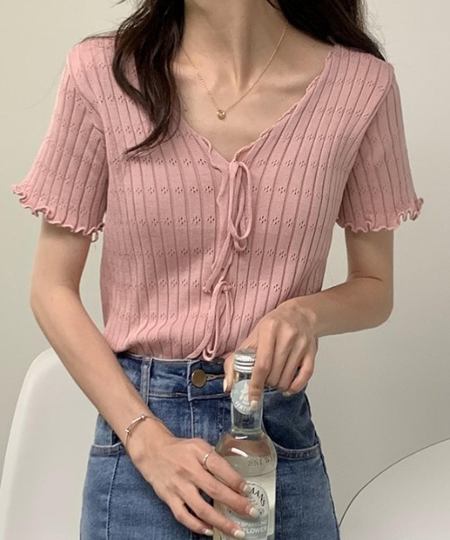 Teem Store(チームストア)の「フロントリボンメロウリブリボンVネックニットソー 半袖(Tシャツ/カットソー・レディース・ワイン/ホワイト/ピンク/ブラック・F)」の22枚目の写真