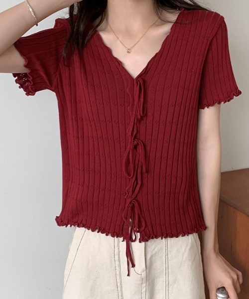 Teem Store(チームストア)の「フロントリボンメロウリブリボンVネックニットソー 半袖(Tシャツ/カットソー・レディース・ワイン/ホワイト/ピンク/ブラック・F)」の10枚目の写真