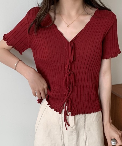 Teem Store(チームストア)の「フロントリボンメロウリブリボンVネックニットソー 半袖(Tシャツ/カットソー・レディース・ワイン/ホワイト/ピンク/ブラック・F)」の11枚目の写真