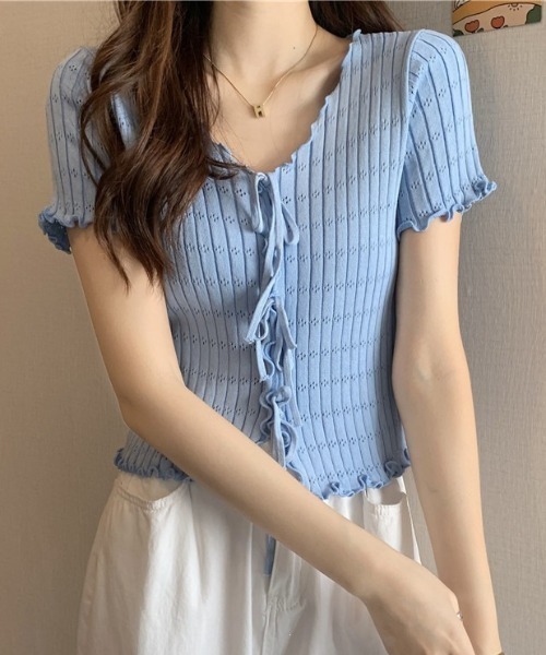 Teem Store(チームストア)の「フロントリボンメロウリブリボンVネックニットソー 半袖(Tシャツ/カットソー・レディース・ワイン/ホワイト/ピンク/ブラック・F)」の15枚目の写真